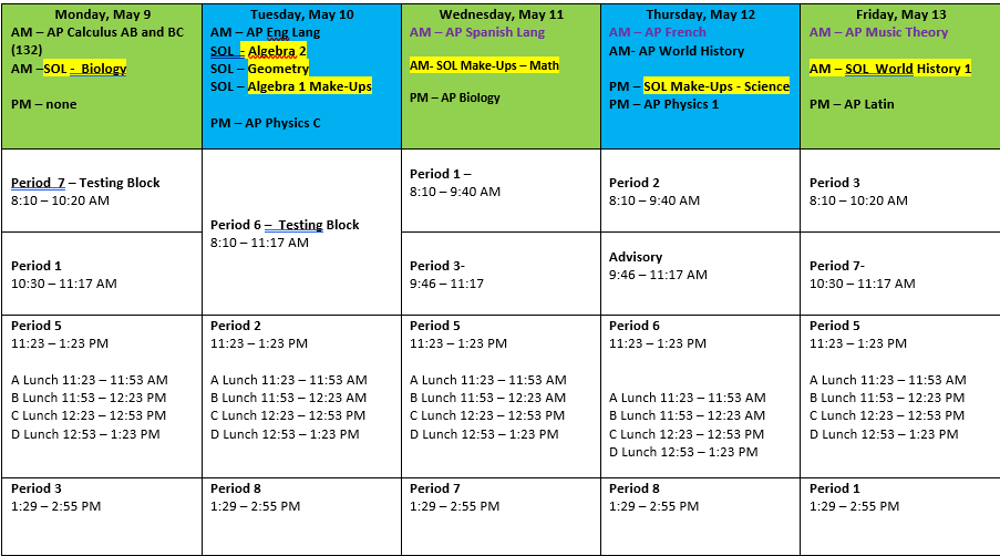 Spring SOL Testing Schedule South County High School